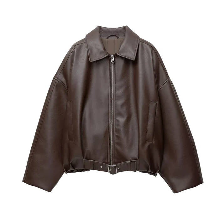 Retro Street Leather Jackets Women Loose Lapel Zipper Long Sleeves Pockets Lace Up Pu Coats Female 2025 Autumn New Chic Outwears