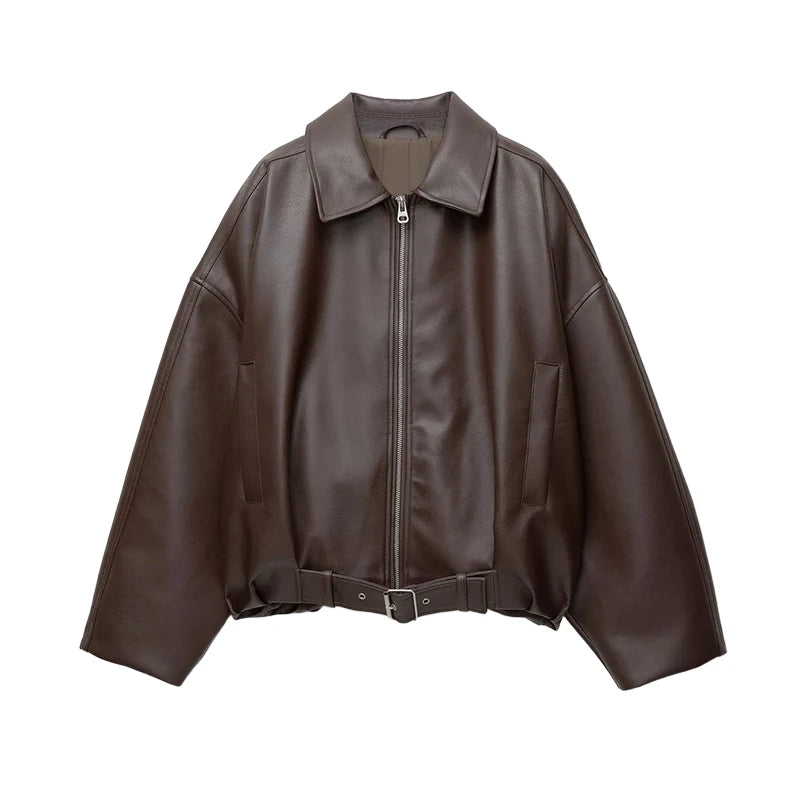 Retro Street Leather Jackets Women Loose Lapel Zipper Long Sleeves Pockets Lace Up Pu Coats Female 2025 Autumn New Chic Outwears