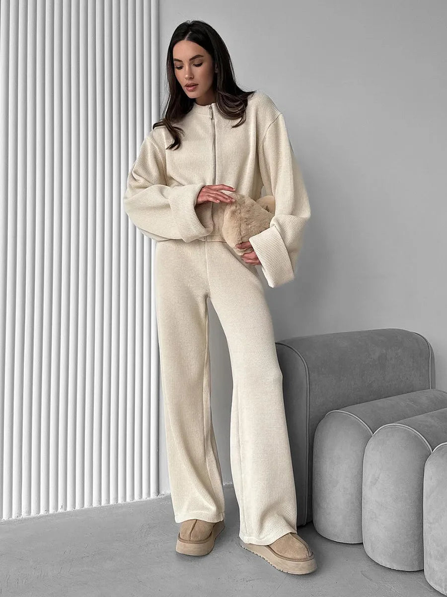 Matching Sets Women Casual Tracksuit Two Pieces Set Loose O Neck Long Sleeves Zipper Cardigan Top Joggers Wide Leg Pants