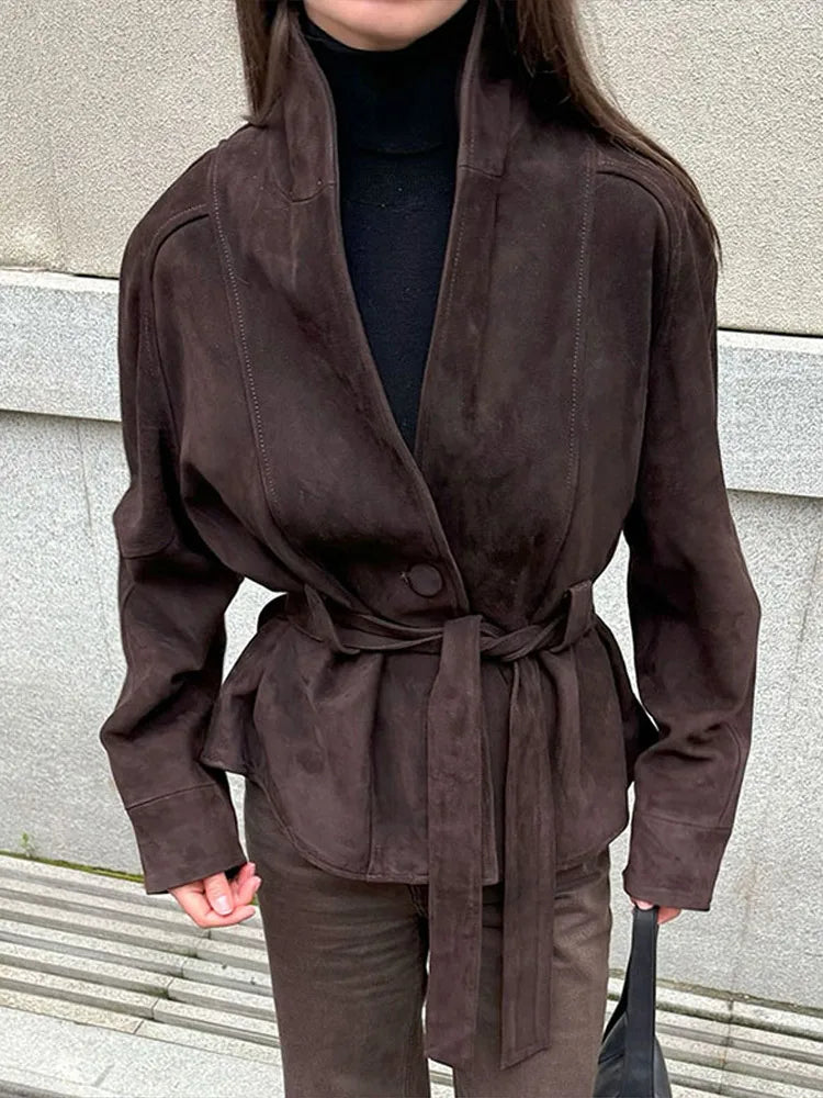 Stand Collar Suede Sashes Jackets Women Vintage Long Sleeves Button Lace Up Slim Coats New Fashion Early Autumn Ladies Outerwear