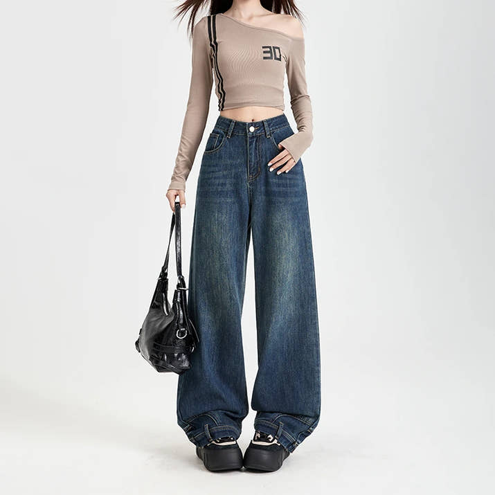 FINEWORDS Vintage Unique Design High Waist Wide Leg Jeans Streetwear Loose Jeans Easymatch Korean Full Length Denim Pants