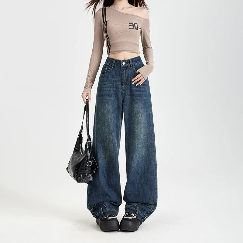 FINEWORDS Vintage Unique Design High Waist Wide Leg Jeans Streetwear Loose Jeans Easymatch Korean Full Length Denim Pants