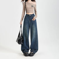 FINEWORDS Vintage Unique Design High Waist Wide Leg Jeans Streetwear Loose Jeans Easymatch Korean Full Length Denim Pants