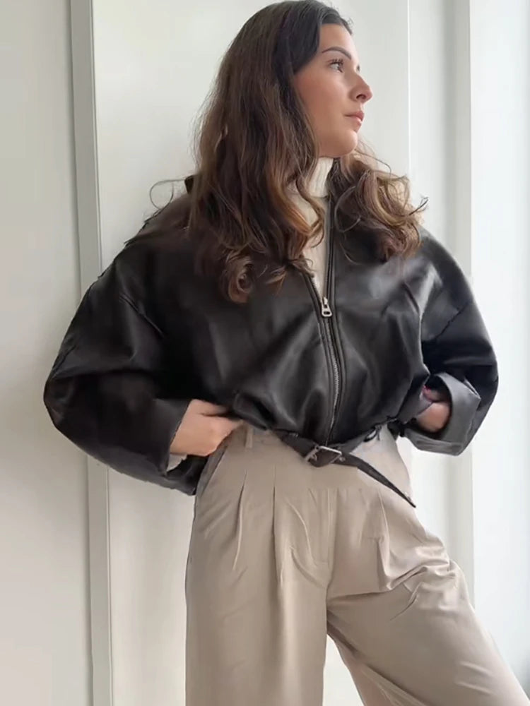 Retro Street Leather Jackets Women Loose Lapel Zipper Long Sleeves Pockets Lace Up Pu Coats Female 2025 Autumn New Chic Outwears