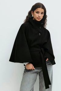 Fashion Solid Stand Collar Short Jacket Women Elegant Flared Sleeve  Buttoned Lace Up Coats 2025 Autumn Lady Office Street Wear