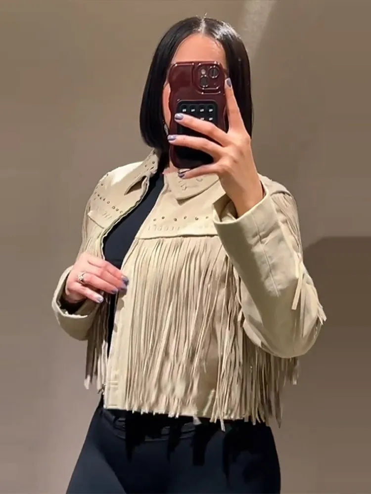 Designer Tassel Beading Jacket Women Vintage Turn-down Collar Long Sleeve Zipper High Street Coats 2025 Fashion Ladies Outerwear