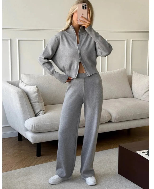 Two Piece Set Women Knitted Tracksuits Elegant Zipper Long Sleeve Sweater+High Waist Cotton Pants 2025 Fall Winter Clothes