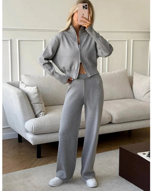 Two Piece Set Women Knitted Tracksuits Elegant Zipper Long Sleeve Sweater+High Waist Cotton Pants 2025 Fall Winter Clothes