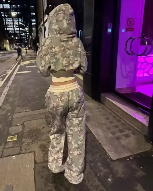 Camouflage joggers Short Set Waist Hugged Slim Hoodie women jacket Y2K Sportswear Two Piece sets Womens Hip Hop Sports Pants