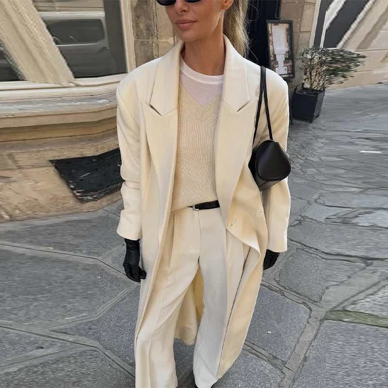 Office Women's Woolen Long Coat Turn-down Collar Long Sleeve Single Button Mid-length Outerwear 2025 Autumn New Lady Overcoats