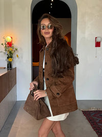 Women Dark Brown Suede Coats Lneck Pocket Single Breasted Pocket Long Sleeves Lady 2025 New Fashion Autumn Highstreet Outerwear