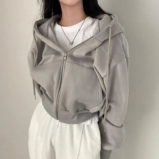 Fashionable Autumn and Winter Zipper Hooded Sweatshirt with Fleece Short Style Slim Fit and Warm Women's Hooded Sweatshirt Jacke