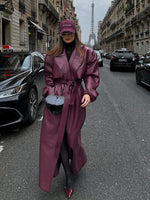 Lace Up Retro Leather Longtrench Coat Women's Fashion Burgundy Lapel Loose Outerwear 2025 New Fall Daily Commute Street Coats