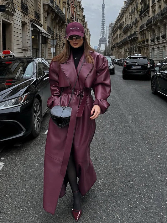 Lace Up Retro Leather Longtrench Coat Women's Fashion Burgundy Lapel Loose Outerwear 2025 New Fall Daily Commute Street Coats
