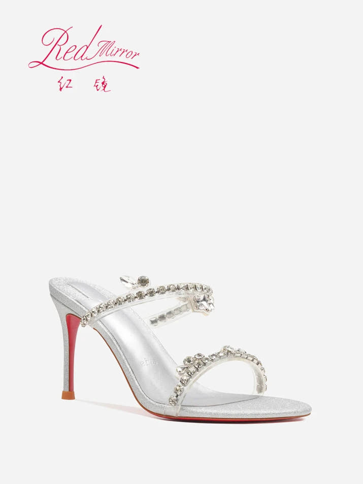 Transparent flat strap sandals for women's summer wear, 2025 new silver rhinestone fairy style queen girl slim heel sandals