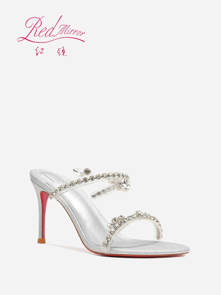 Transparent flat strap sandals for women's summer wear, 2025 new silver rhinestone fairy style queen girl slim heel sandals