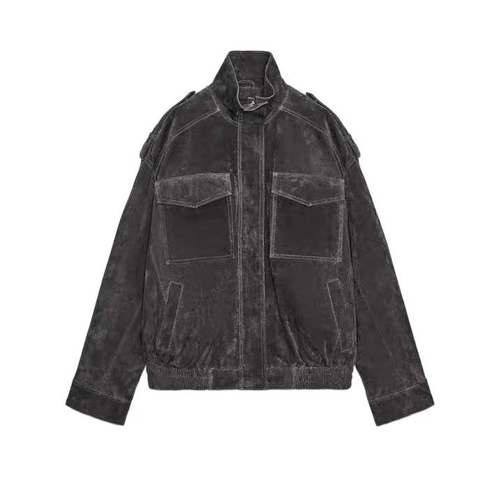 Street Fashion Women's Suede Jacket Loose Khaki Lapel Zipper Long Sleeve Bomber Coat 2025 Autumn Winter New Lady Outwears