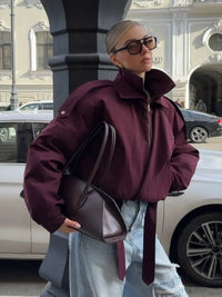 Burgundy Red Zipper Bomber Jacket Women Fashion Stand Collar Long Sleeve Pocket Short Coat Autumn Lady Daily Street Outerwear