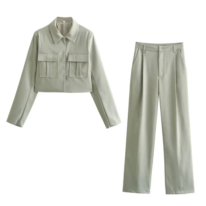 TRAFZA 2025 Fall Winter Women Clothes Green Fashion Streetwear Going Out Outfits Turn-down Collar Jackets Straight Basic Pants