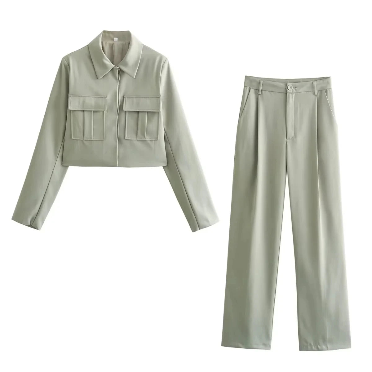 TRAFZA 2025 Fall Winter Women Clothes Green Fashion Streetwear Going Out Outfits Turn-down Collar Jackets Straight Basic Pants