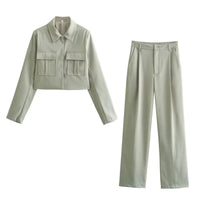 TRAFZA 2025 Fall Winter Women Clothes Green Fashion Streetwear Going Out Outfits Turn-down Collar Jackets Straight Basic Pants
