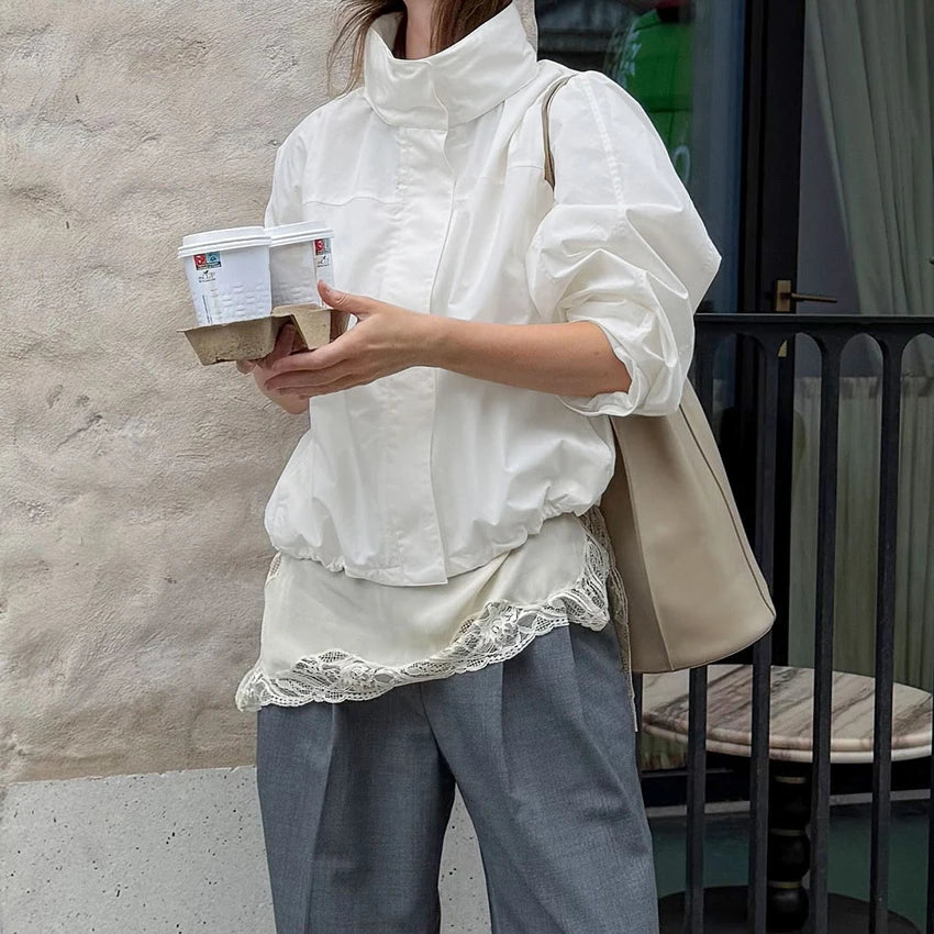 Linad Street Chic White Turtleneck Zipper Jackets Autumn Elegant Long Sleeve Coats For Woman Casual Outerwear Tops Female 2025