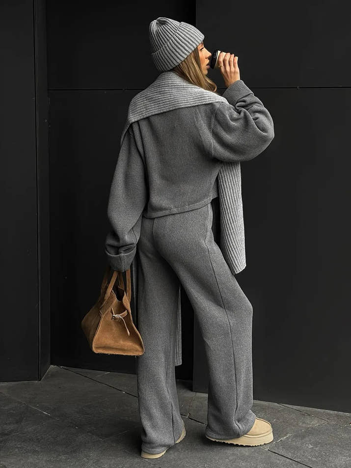 Matching Sets Women Casual Tracksuit Two Pieces Set Loose O Neck Long Sleeves Zipper Cardigan Top Joggers Wide Leg Pants