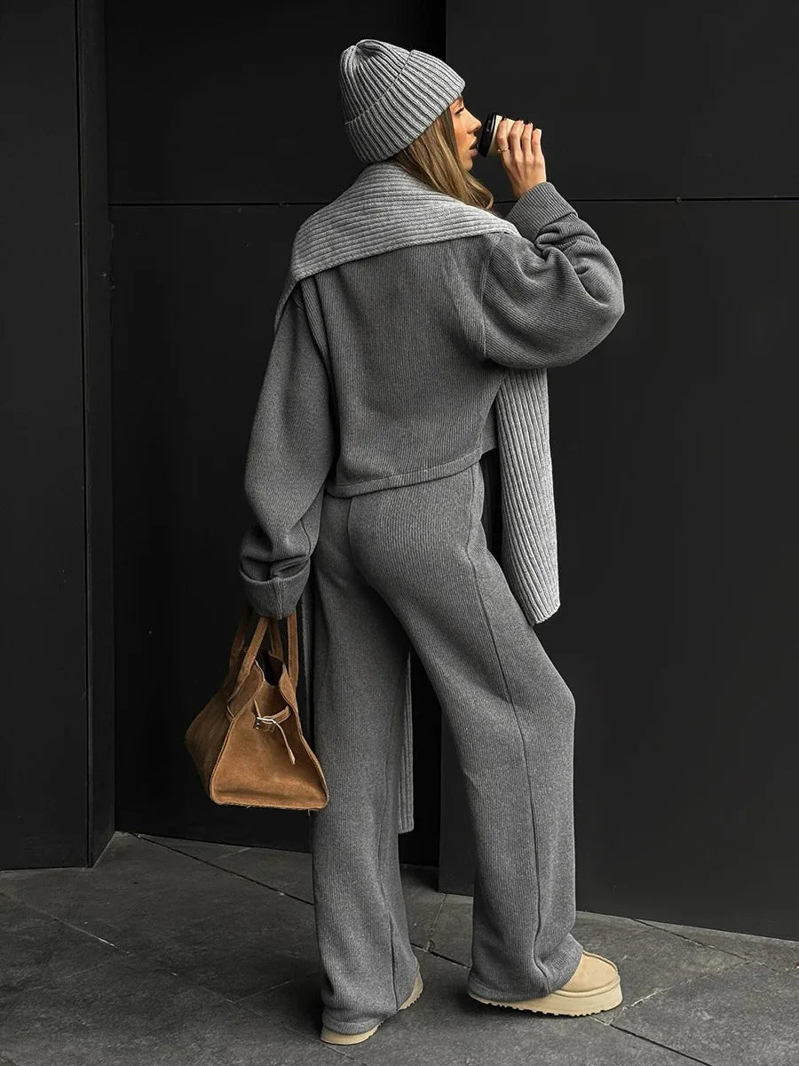 Matching Sets Women Casual Tracksuit Two Pieces Set Loose O Neck Long Sleeves Zipper Cardigan Top Joggers Wide Leg Pants