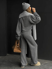 Matching Sets Women Casual Tracksuit Two Pieces Set Loose O Neck Long Sleeves Zipper Cardigan Top Joggers Wide Leg Pants