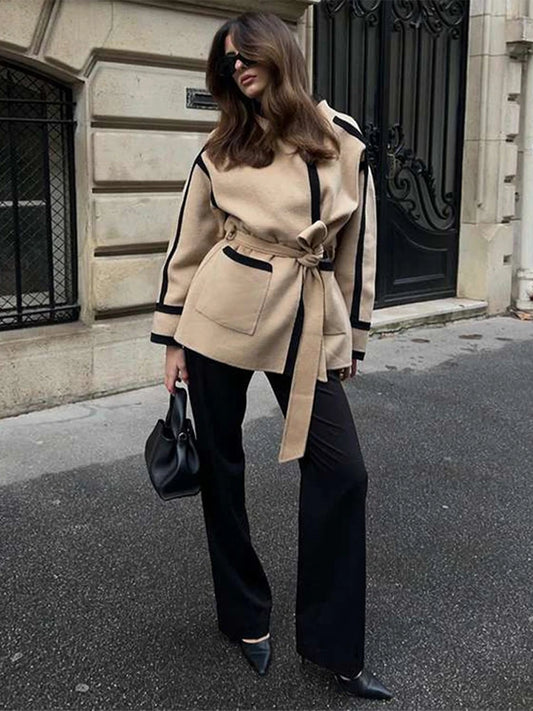 Women's Long Sleeve Thicken Woolen Coat Casual Autumn Jacket with Belt Pockets Spliced Contrast Design for Commuter Outwear