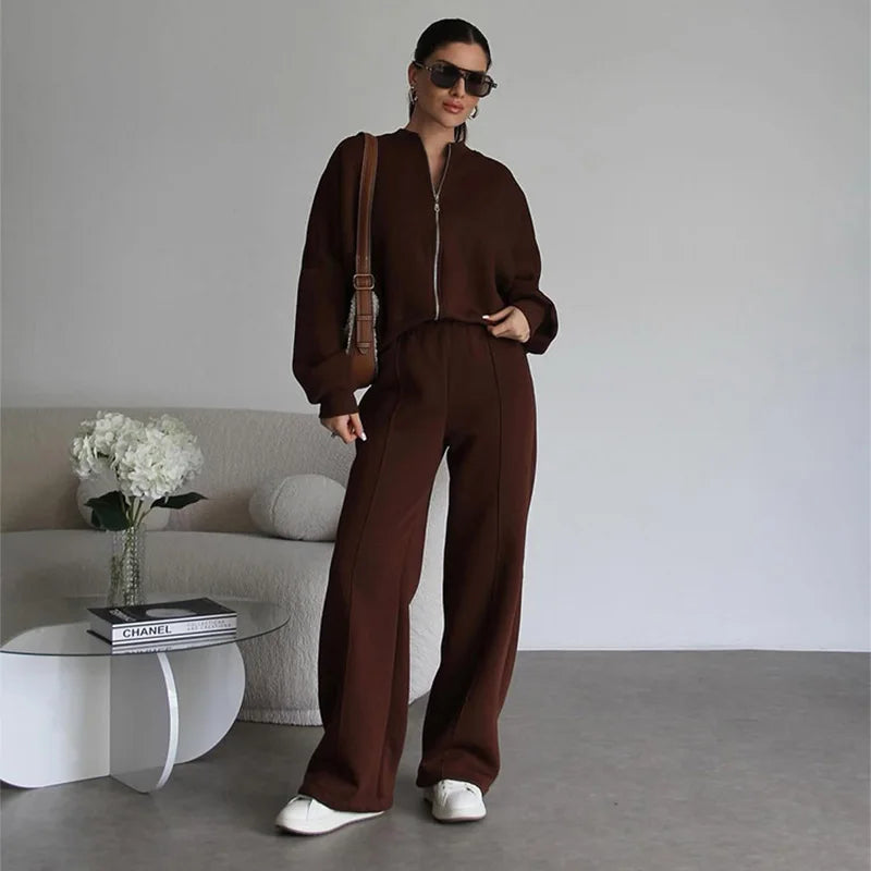 Tracksuit Suits Women's Sportswear 2-piece Retro Zipper Bomber Jacket Sweatshirt High-waisted Women's Loose Velvet Pants Suit