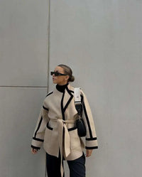 Women's Long Sleeve Thicken Woolen Coat Casual Autumn Jacket with Belt Pockets Spliced Contrast Design for Commuter Outwear