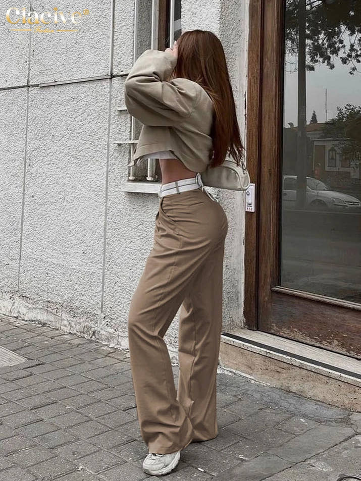 Clacive Elegant Loose Gray Office Women Pants Fashion High Waist Straight Trousers Casual Chic Spliced Full Length Female Pants