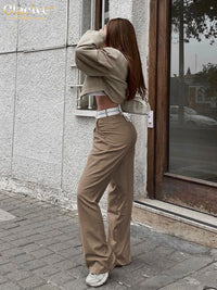 Clacive Elegant Loose Gray Office Women Pants Fashion High Waist Straight Trousers Casual Chic Spliced Full Length Female Pants