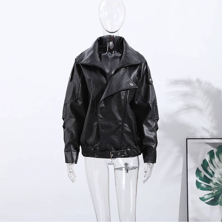 Vintage PU Leather Bomber Jackets 2025 Autumn New Ladies Zipper Lapel Long Sleeve Pocket Coat With Belt Women's Loose Streetwear