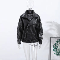 Vintage PU Leather Bomber Jackets 2025 Autumn New Ladies Zipper Lapel Long Sleeve Pocket Coat With Belt Women's Loose Streetwear
