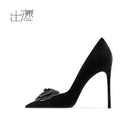 Emerging black high-heeled women's shoes versatile matte leather camellia elegant suede pointed head shallow mouth