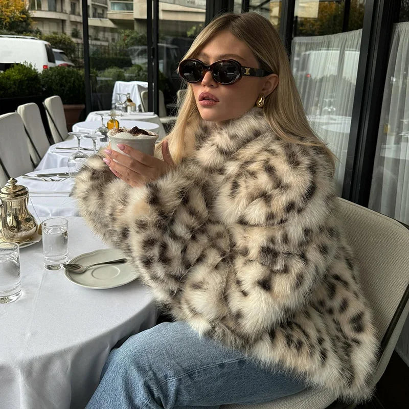 Leopard Print Faux Fur Jacket for Women Winter Thermal Outerwear Chic Long Sleeve Loose Warm Coat 2025 Lady Trendy Urban Outfit