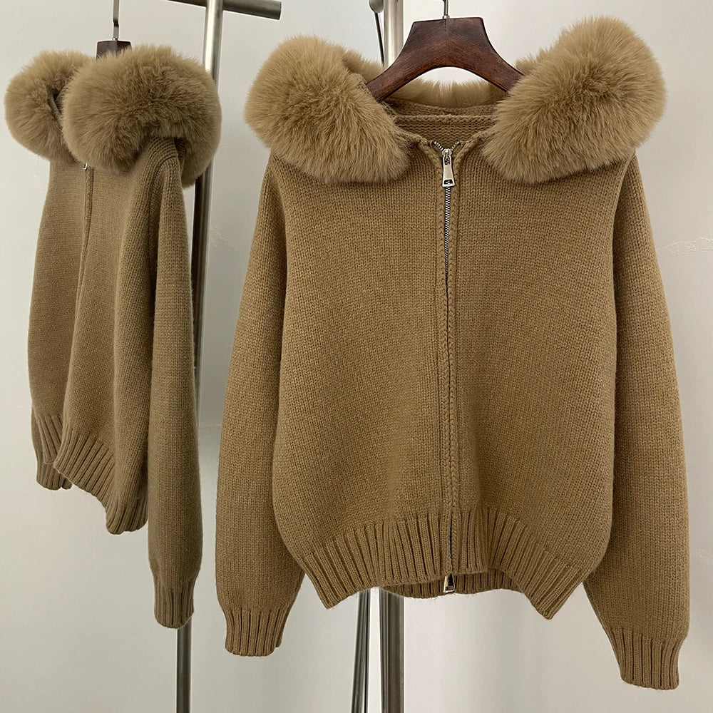 OFTBUY Hooded Oversized Cardigan Women 2025 Autumn Faux Fur Sweater Female Solid Fake Fur Knitting Coat Fashion Loose Knitwear