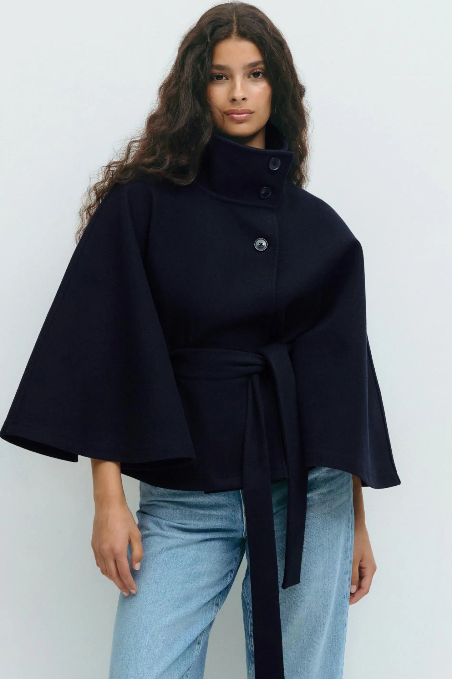 Fashion Solid Stand Collar Short Jacket Women Elegant Flared Sleeve  Buttoned Lace Up Coats 2025 Autumn Lady Office Street Wear