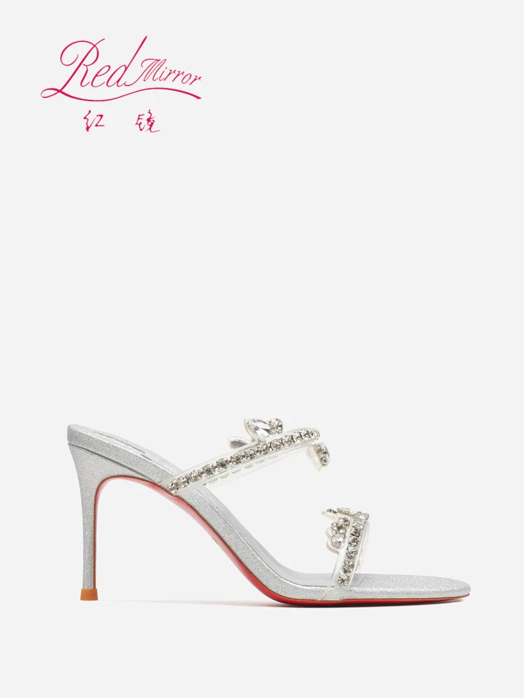 Transparent flat strap sandals for women's summer wear, 2025 new silver rhinestone fairy style queen girl slim heel sandals