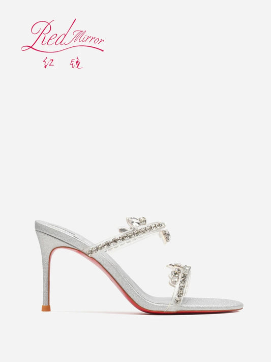 Transparent flat strap sandals for women's summer wear, 2025 new silver rhinestone fairy style queen girl slim heel sandals