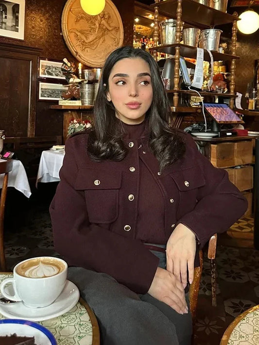 Vintage Wine Red Single Breasted Woolen Jackets Women Elegant Long Sleeve With Pockets Coat Autumn Winter Office Lady Outerwear