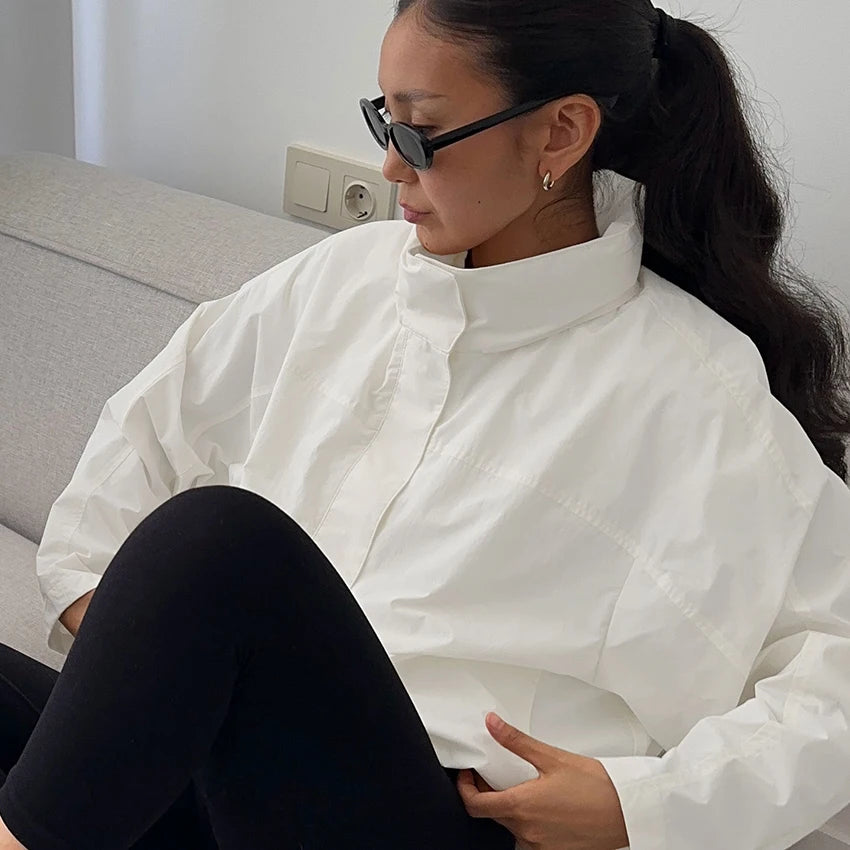 Linad Street Chic White Turtleneck Zipper Jackets Autumn Elegant Long Sleeve Coats For Woman Casual Outerwear Tops Female 2025