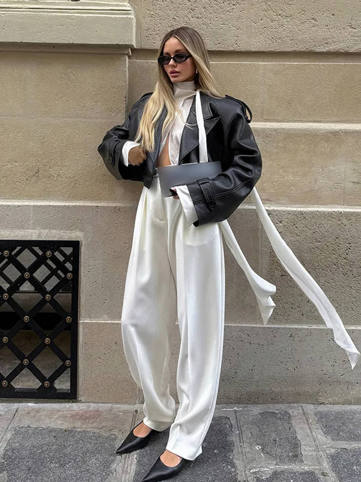 Black Cropped Leather Jacket Women Fashion Lapel Long Sleeve Loose Short Coat 2025 Autumn Lady Chic Solid High Street Outwear