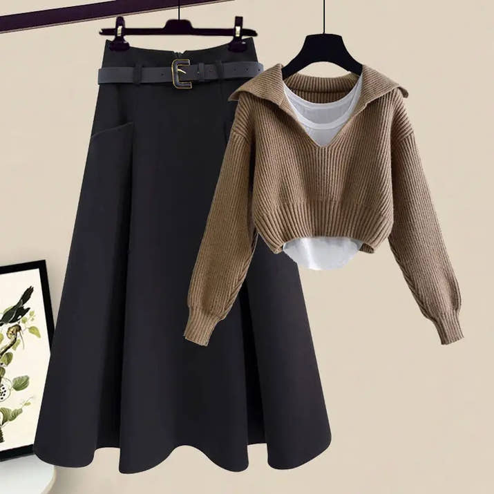Oversized Women's Autumn Set New Fashion Slim and Versatile Strap Sweater Half Skirt Three Piece Set Fashion