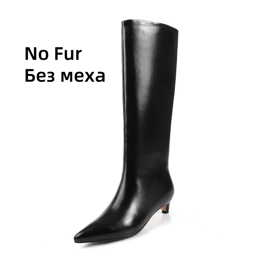FEDONA Women Knee High Boots Cow Leather Kitten High Heels Long Warm Autumn Winter Knight Boots Female High Pointed Toe Boots