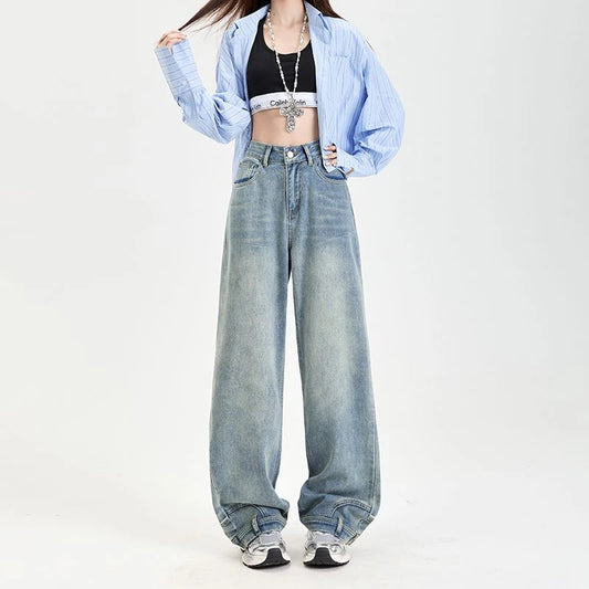 FINEWORDS Vintage Unique Design High Waist Wide Leg Jeans Streetwear Loose Jeans Easymatch Korean Full Length Denim Pants