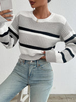 autumn and winter hot sale new acrylic loose drop shoulder round neck color matching knitted long sleeve ladies sweater