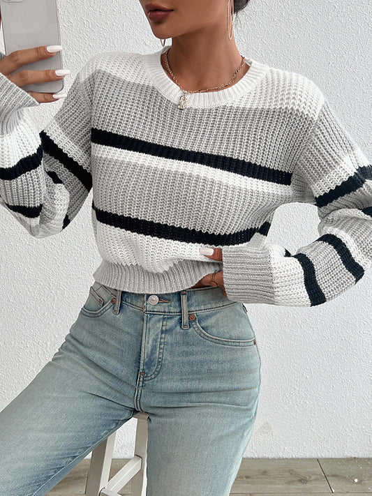 autumn and winter hot sale new acrylic loose drop shoulder round neck color matching knitted long sleeve ladies sweater